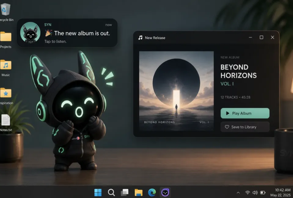 A desktop screenshot concepts a music application. On the right, a dark-themed media player window displays an album titled "BEYOND HORIZONS VOL. 1" alongside a green "Play Album" button. In the upper-left, a notification banner reads "The new album is out." Below the notification, a 3D cartoon mascot—a black, robotic creature with glowing green ears and eyes—stands on a wooden desk with a cheerful expression. The Windows taskbar is visible at the bottom.