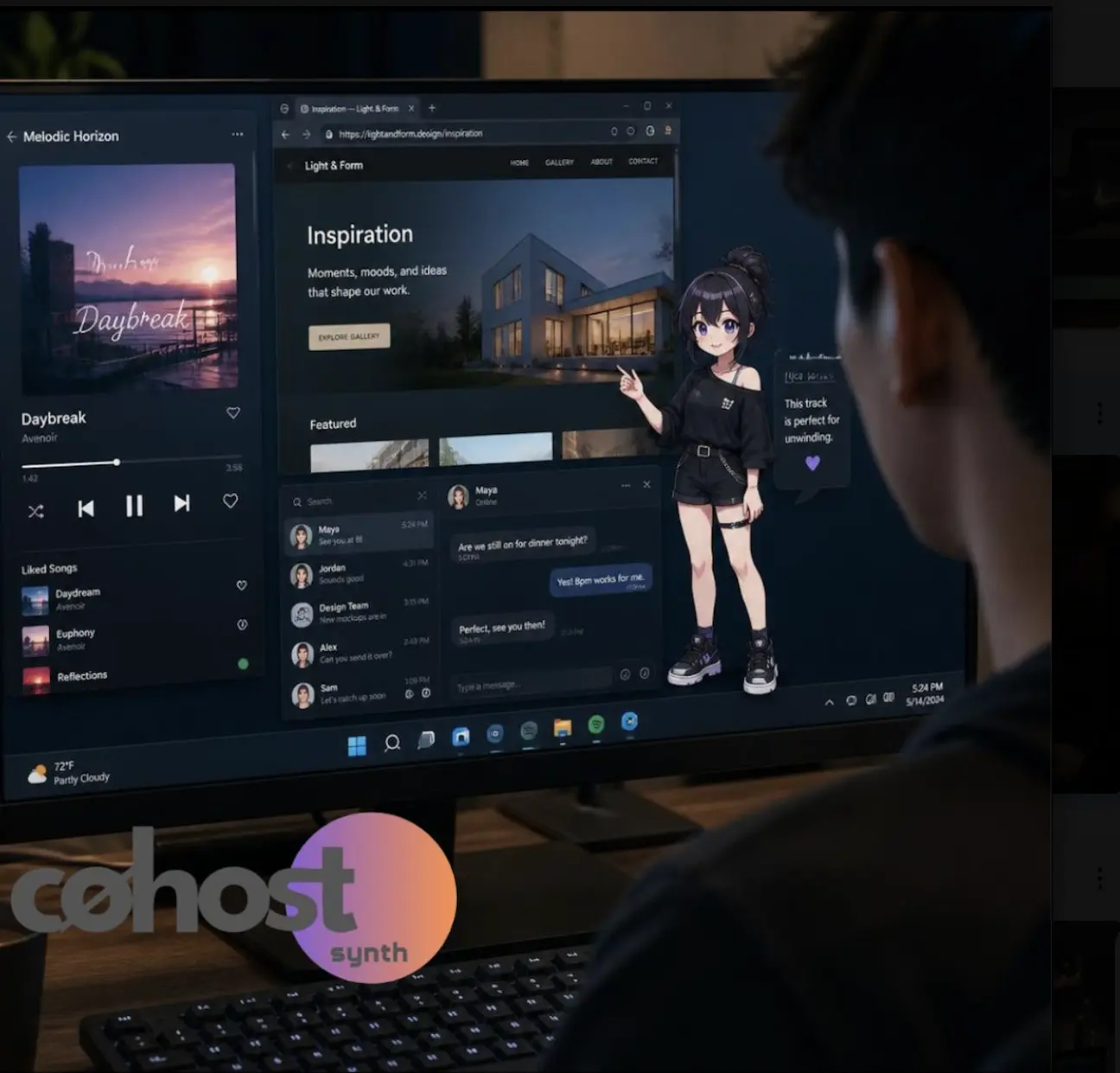 A close-up, over-the-shoulder view of a person looking at a computer monitor displaying a dark-themed operating system interface. The screen shows a music player playing "Daybreak" by Avenoir, an open web browser on an inspiration gallery, a chat window with a conversation, and a full-body anime-style girl avatar standing on the right side of the screen next to a chat bubble.