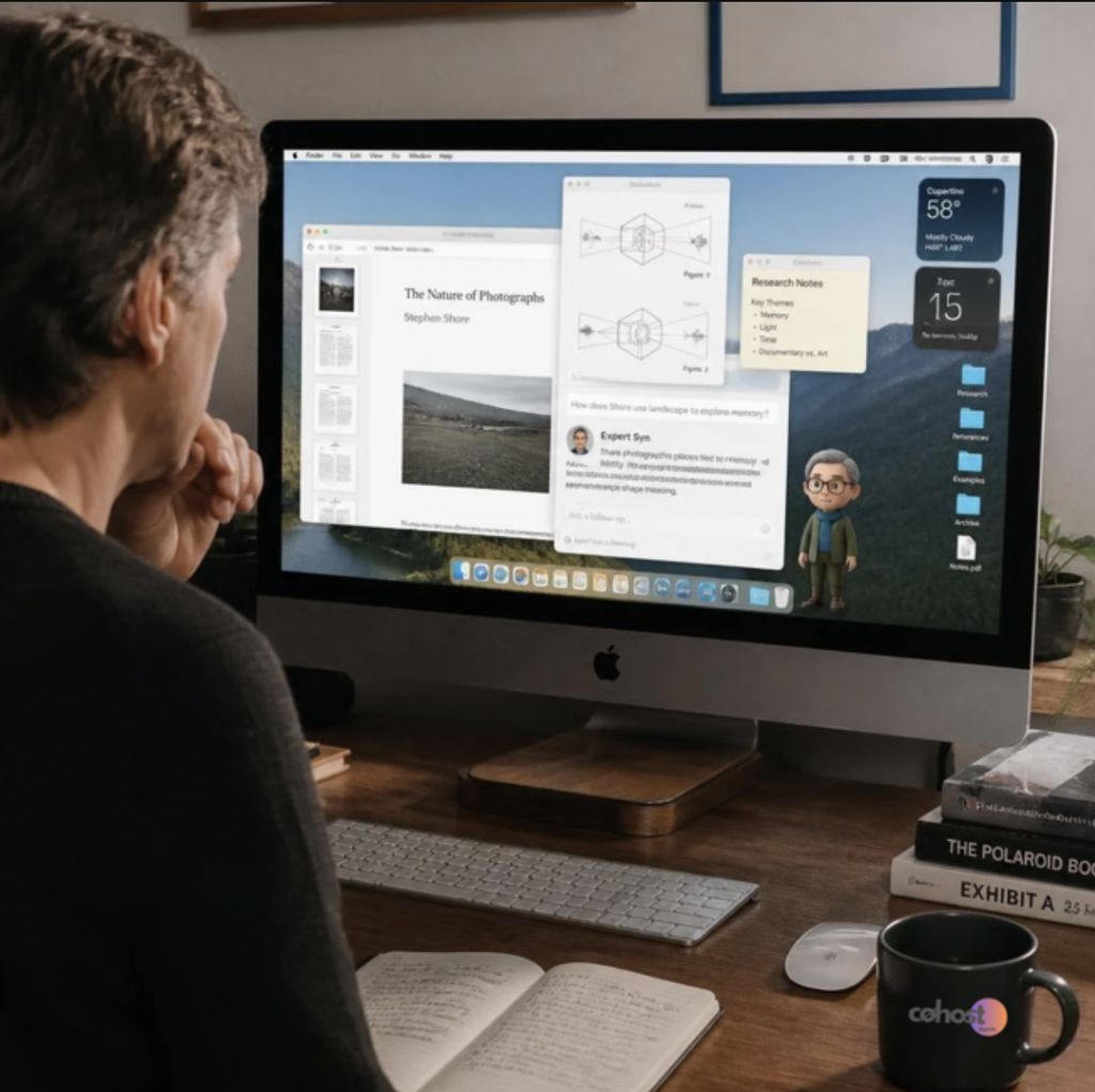 An over-the-shoulder view of a person using a desktop computer for academic research with an active interactive 3D scholar avatar assisting beside open digital document windows.