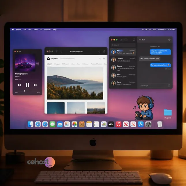 An Apple iMac desktop interface displaying an open browser window on Unsplash, a music player widget, a chat messaging window, and a small pixel-art boy avatar wearing headphones sitting on the bottom right of the screen.