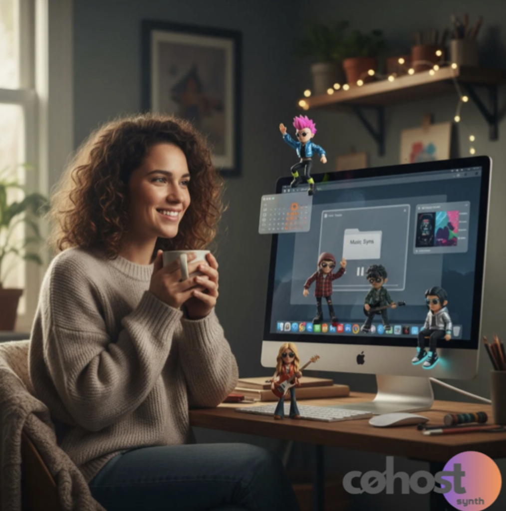 A smiling woman holding a mug at her desk while watching multiple small, interactive 3D musician avatars pop out and perform around her desktop computer monitor.