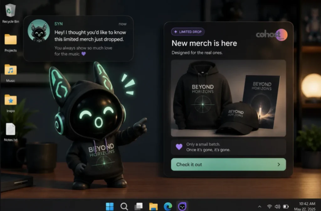 A desktop interface displaying an interactive "Beyond Horizons" merchandise drop notification featuring a black robot figurine with glowing green headphones pointing toward a promotional window with a hoodie, t-shirt, and cap.