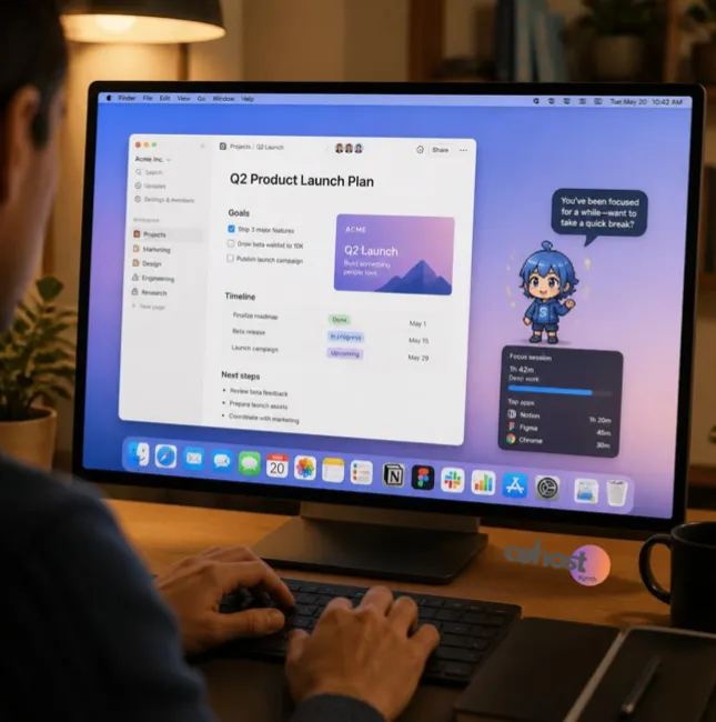 An over-the-shoulder view of a person typing on a desktop computer displaying a Q2 product launch plan window next to a small blue-haired anime avatar suggesting a break.