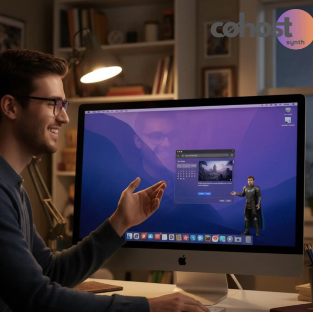 A smiling man in glasses interacting with a desktop monitor displaying a software window and a 3D warrior character avatar standing on the screen.