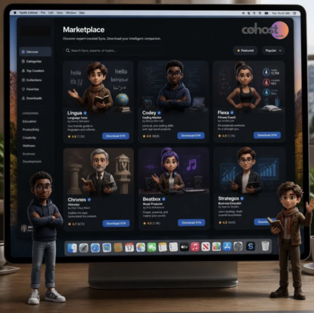 A desktop interface displaying the "Cohost Synth Marketplace" store page filled with downloadable AI companion avatars like Lingua, Codey, Flexa, Chronos, Beatbox, and Strategos.
