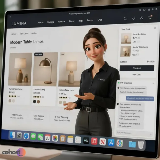 An e-commerce website interface for a home decor brand named Lumina, displaying modern table lamps, a shopping cart sidebar, and a 3D animated virtual assistant guiding the shopper.