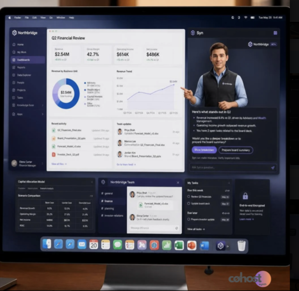 A desktop financial application interface displaying Q2 review charts, revenue metrics, a team chat window, and an interactive digital AI analyst summarizing key insights.
