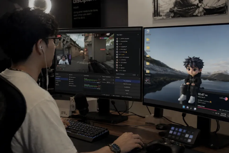 A gamer sitting at a dual-monitor desk setup, with one screen running streaming software showing a live video game feed and chat, and the other displaying a cartoon avatar desktop wallpaper.