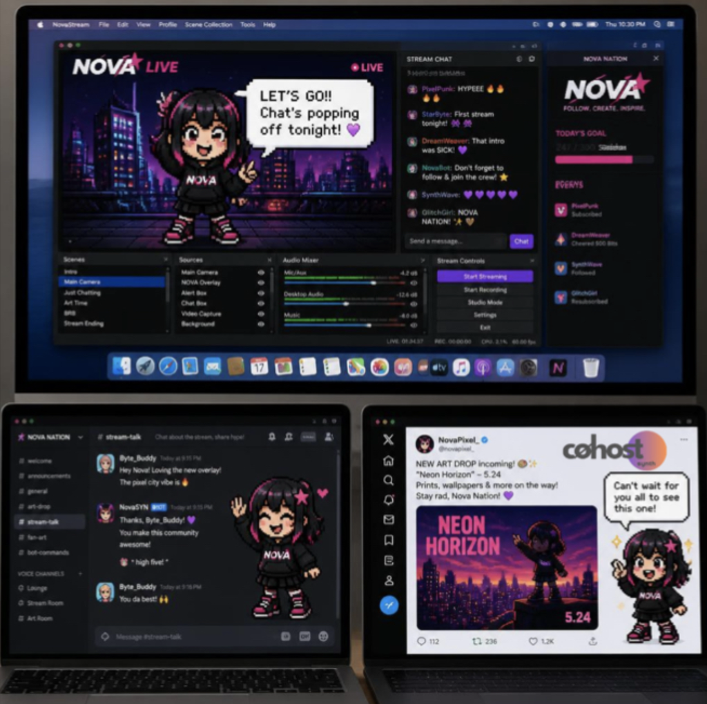 A multi-monitor workspace displaying Nova Live video streaming software with an active chat overlay next to open chat channels and a social media promo for a "Neon Horizon" art drop featuring an anime character avatar.
