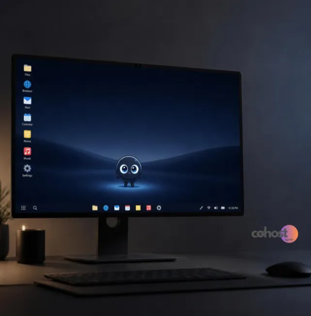 A desktop computer monitor on a dark office desk displaying a minimalist operating system interface with vertical application icons and a cute, small black orb avatar with big eyes centered on a dark blue wallpaper.