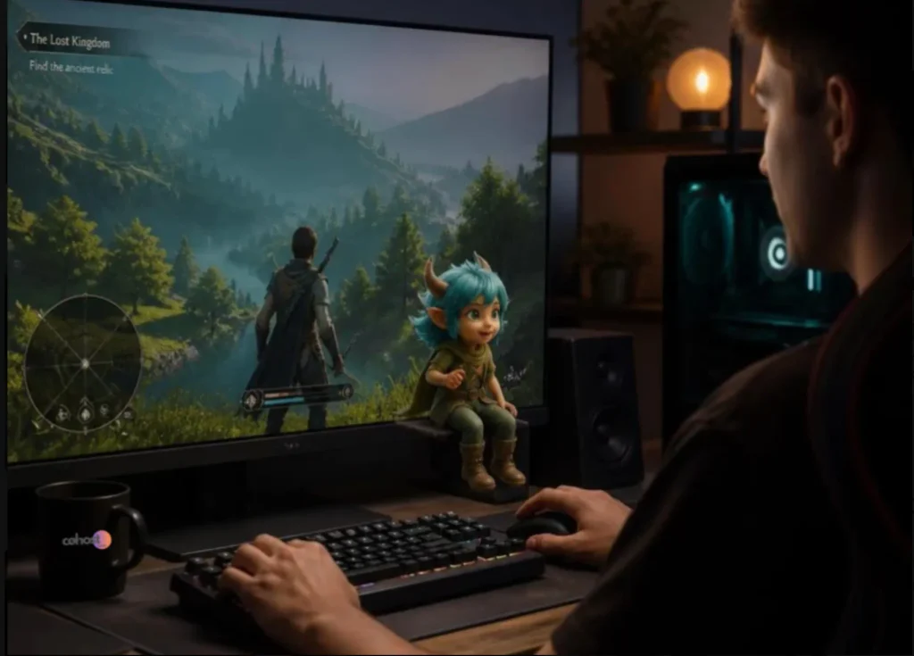 An over-the-shoulder view of a gamer playing a fantasy RPG game titled "The Lost Kingdom" on a large desktop monitor next to a small blue-haired elf figurine.