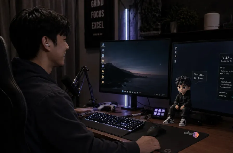 A side view of a smiling man at a dual-monitor gaming desk setup featuring a mechanical keyboard, a small character figurine, a desk mat, and a motivational poster in the background.
