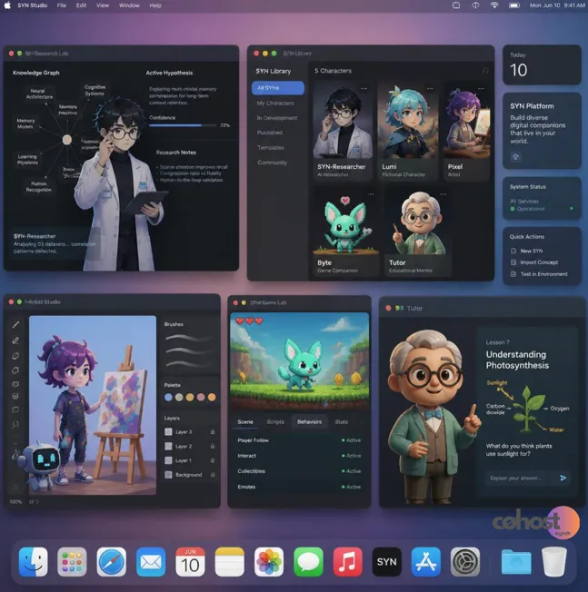 A desktop dashboard interface for SYN Studio displaying multiple workspace windows for digital AI companions including a research lab, character library, art studio, game lab, and biology tutor.