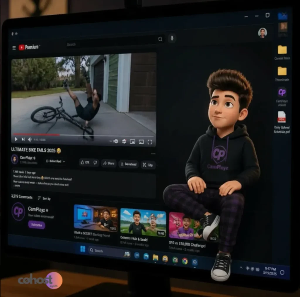 A desktop interface displaying a premium video streaming platform with a cycling video playing, video recommendations, and a 3D animated avatar wearing a CamPlayz hoodie sitting on the desktop wallpaper.