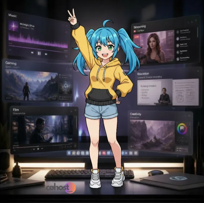 An anime-style girl avatar with blue pigtails and a yellow hoodie flash-posing a peace sign in front of a desktop monitor displaying floating application windows for music, gaming, streaming, education, film, and creativity.