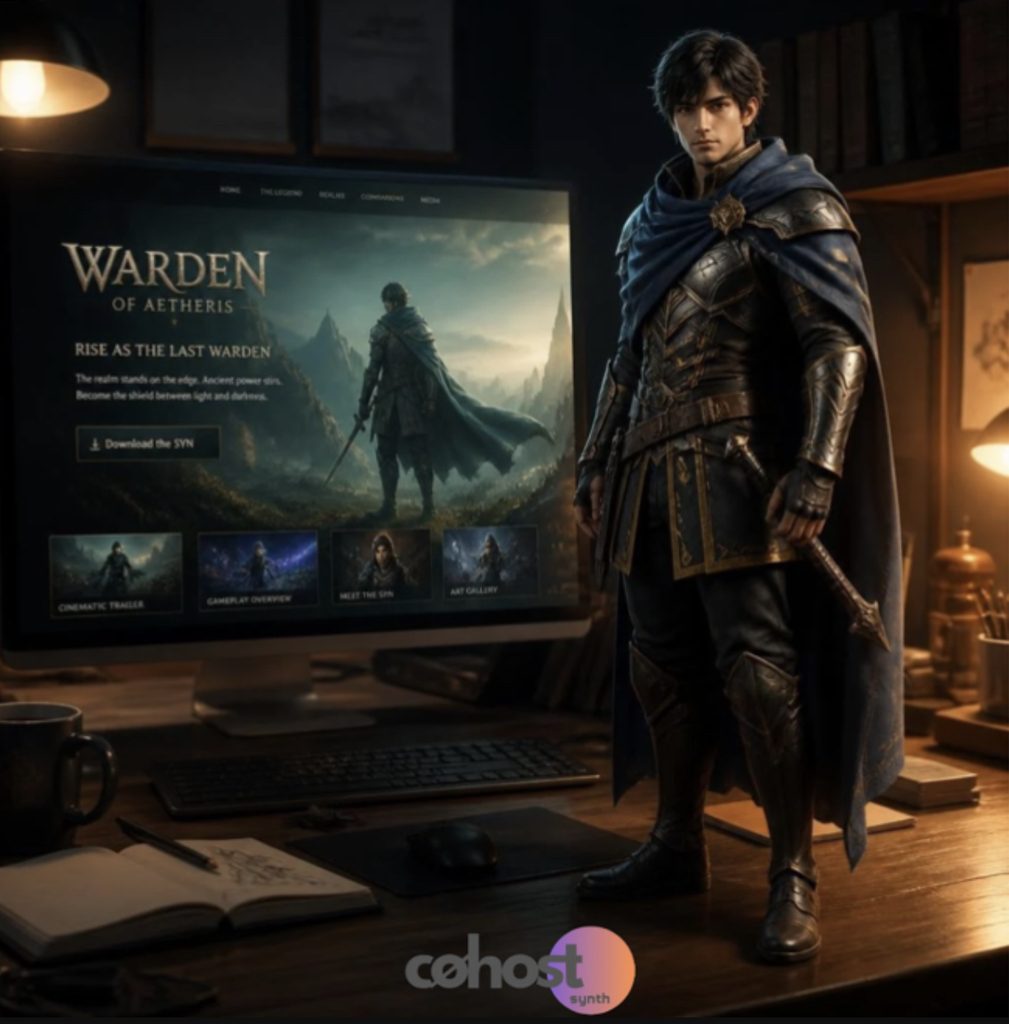 A detailed collectible warrior figurine standing next to a computer monitor displaying the "Warden of Aetheris" fantasy video game launch screen on a wooden desk.